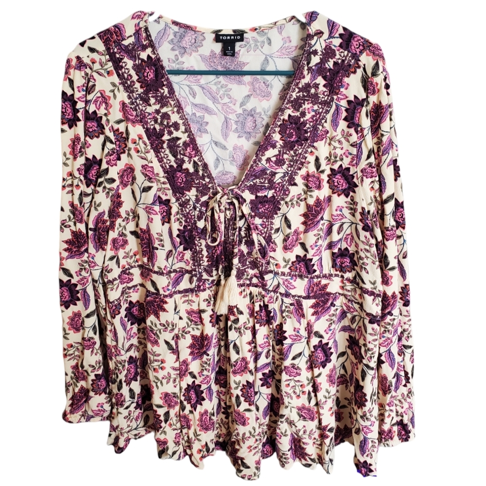 Babydoll Rayon Crepe Embroidered Lace-Up Top